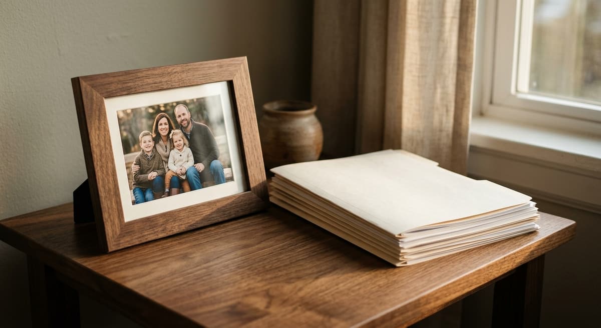 una foto familiar enmarcada junto a una pila ordenada de documentos sobre una mesa auxiliar