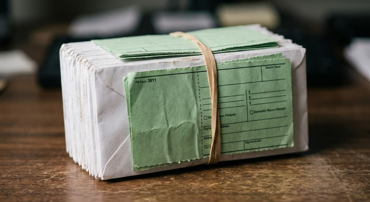 a stack of certified-mail envelopes with green return-receipt cards, bound with a rubber band, on a desk