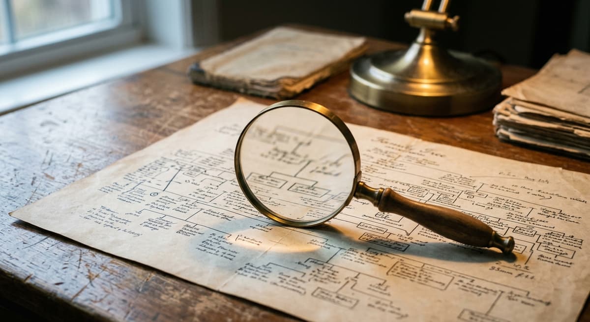a magnifying glass resting over a printed family tree diagram with names blurred out