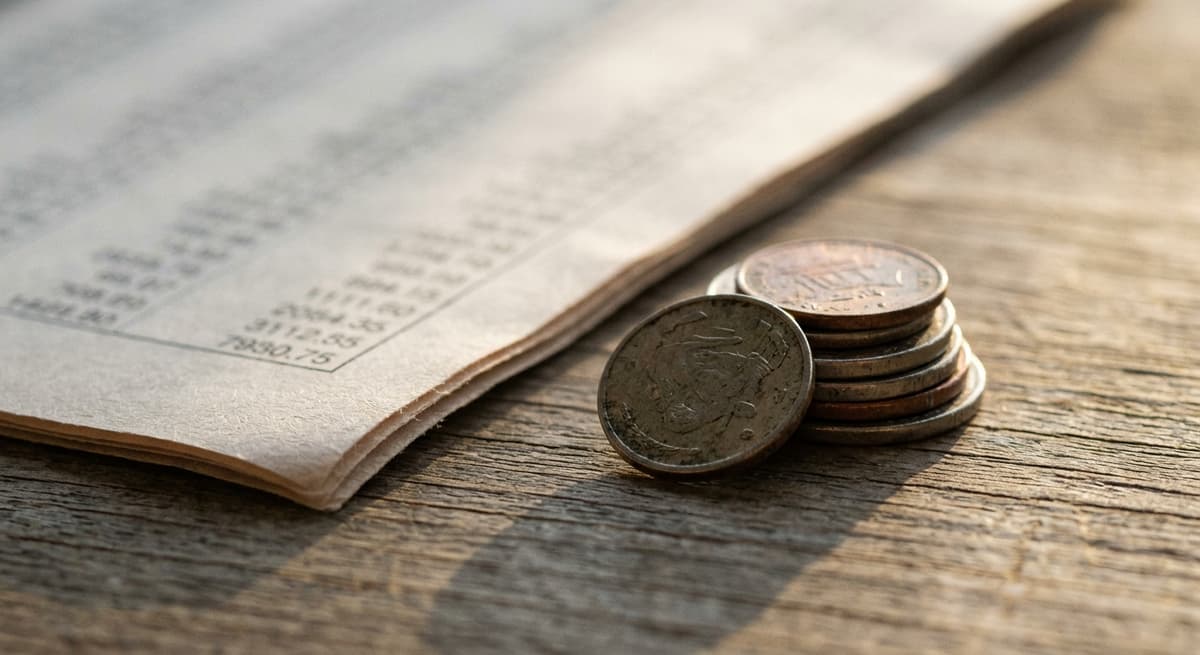 a small stack of coins beside a printed dollar-amount table, digits softly blurred, on a wooden desk