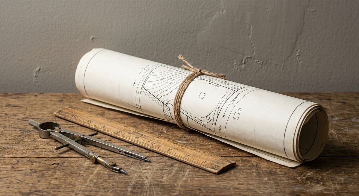 a rolled property survey map leaning against a wall beside a drafting compass and ruler