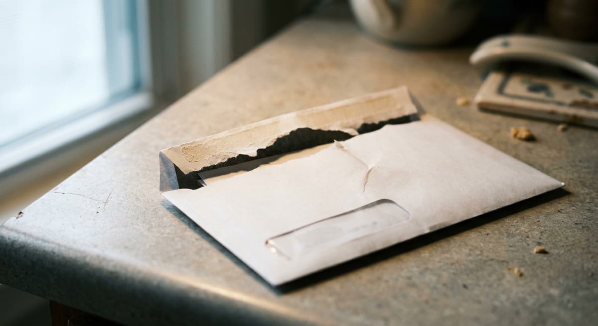 a plain white government-style envelope with a small transparent address window, partially opened, on a kitchen counter
