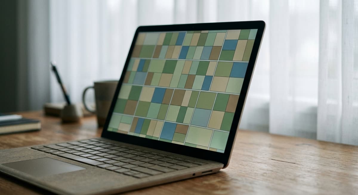 a laptop screen showing a simple grid of small map parcels with no labels, resting on a home office desk
