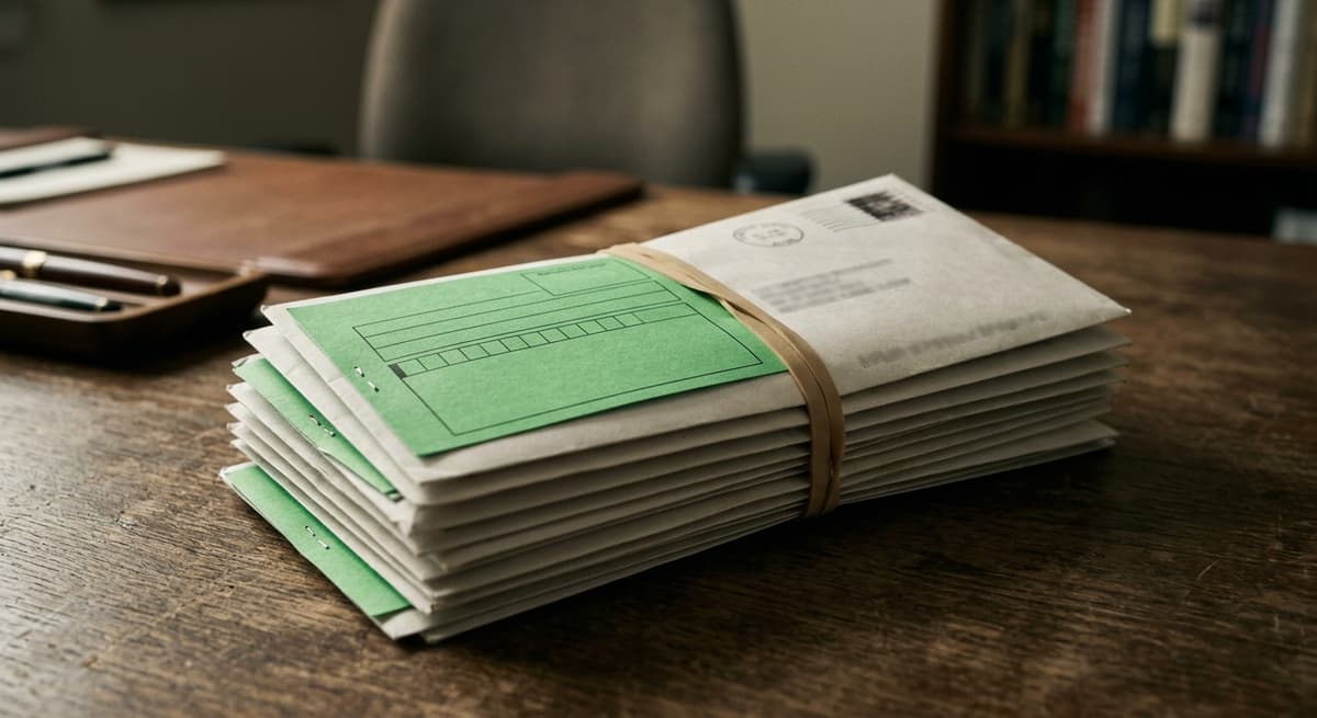 a stack of certified-mail envelopes with green return-receipt cards, bound with a rubber band, on a desk