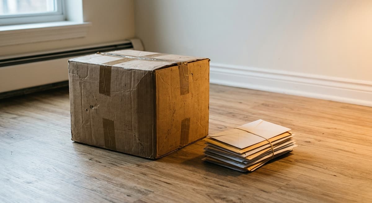 an old cardboard moving box beside a stack of unopened mail on an empty apartment floor