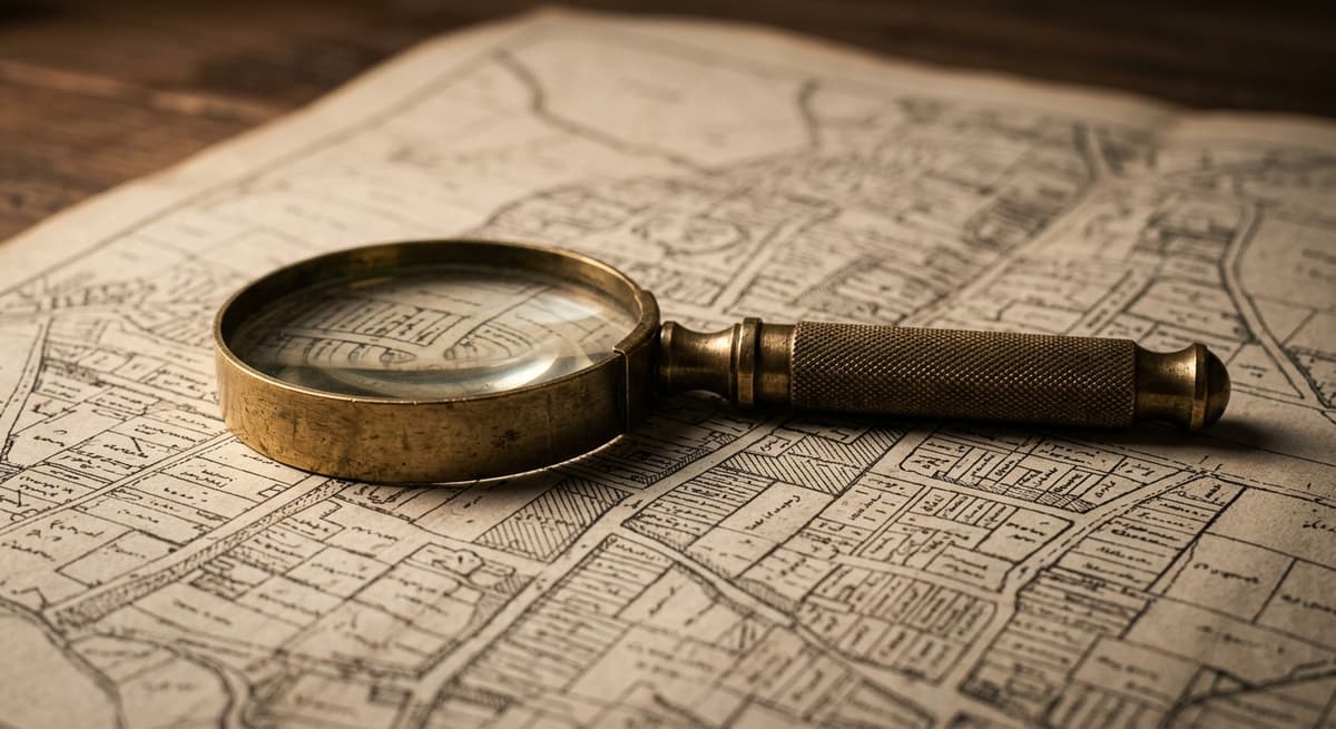 a brass magnifying glass lying on a printed map with small parcel outlines, warm desk light