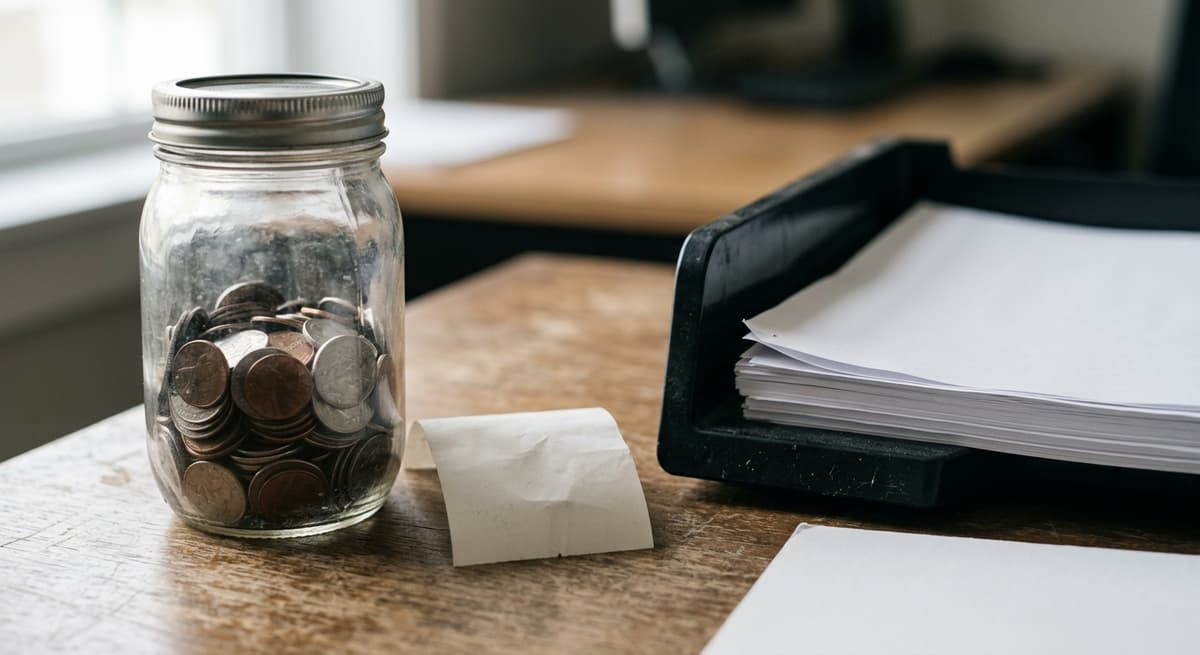 a coin jar and a short receipt beside a photocopier tray of paper, shallow depth of field