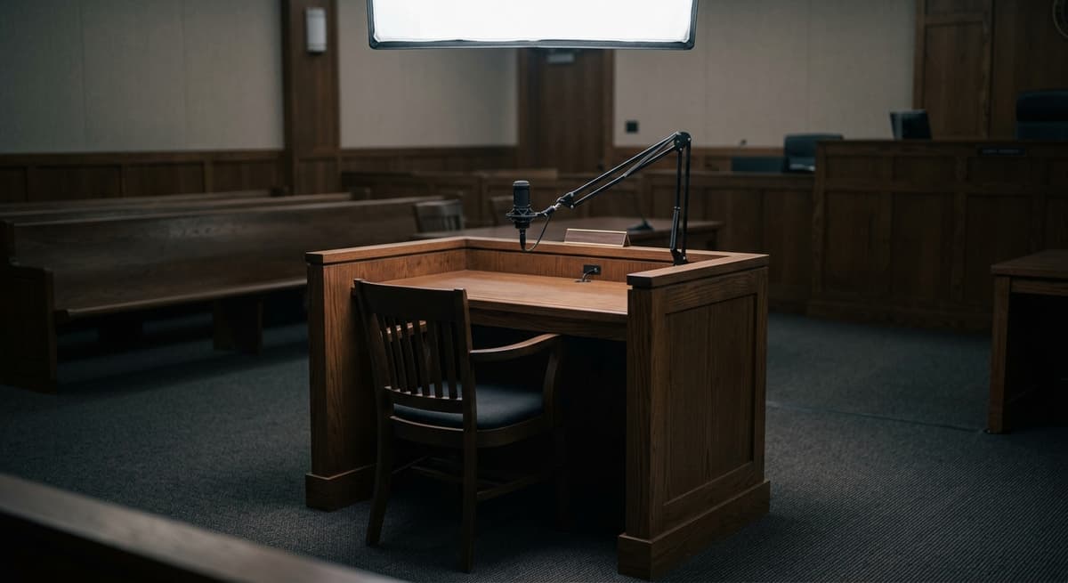 Alabama empty courtroom witness stand with a small condenser microphone on an adjustable arm