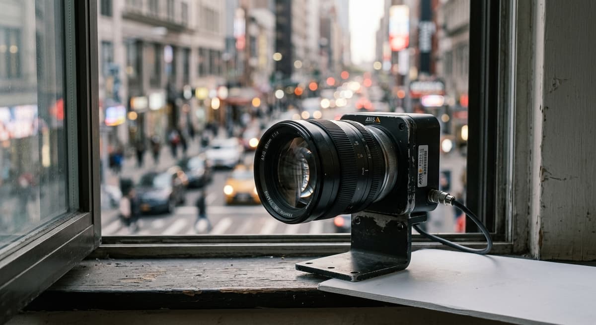 Alabama surveillance camera lens in sharp focus with a blurred urban streetscape behind