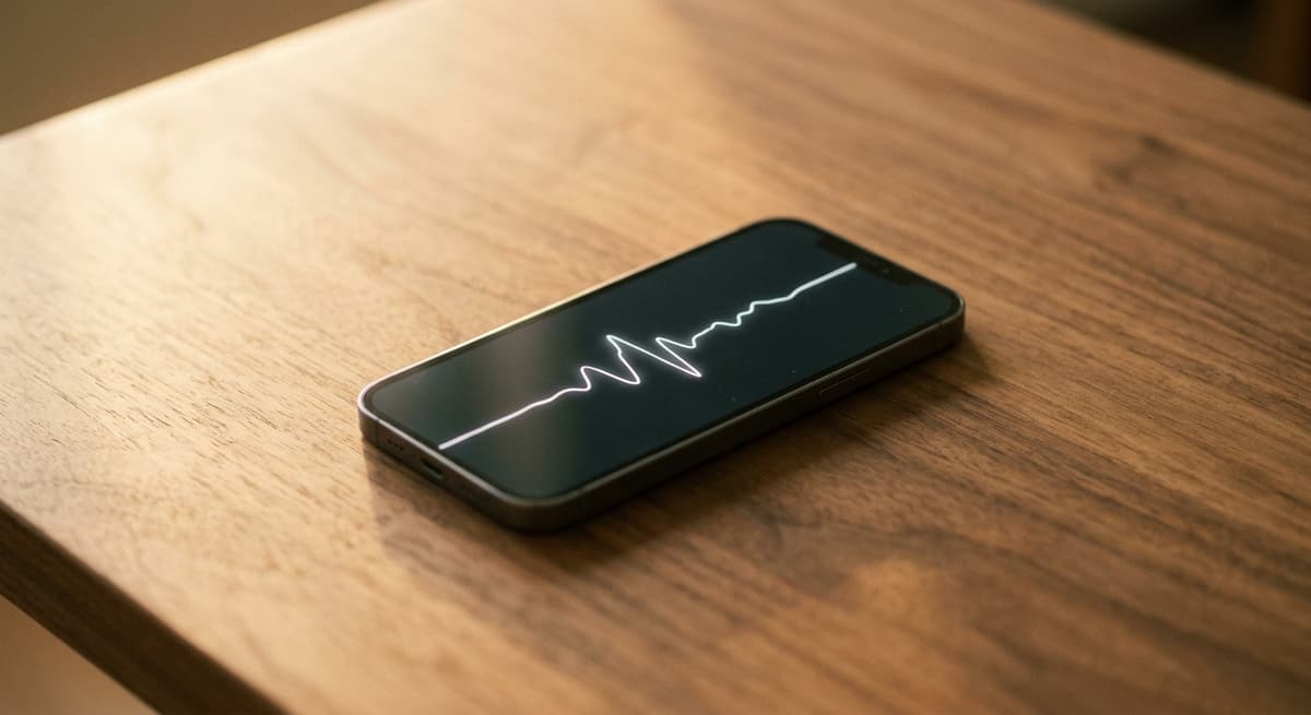 Alabama smartphone showing a clean audio waveform on a wooden surface