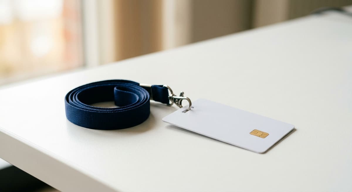 Alabama blank security access card on a navy lanyard on a white desk