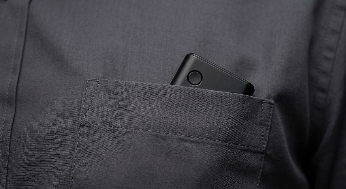 Alabama top edge of digital recorder peeking from a shirt breast pocket