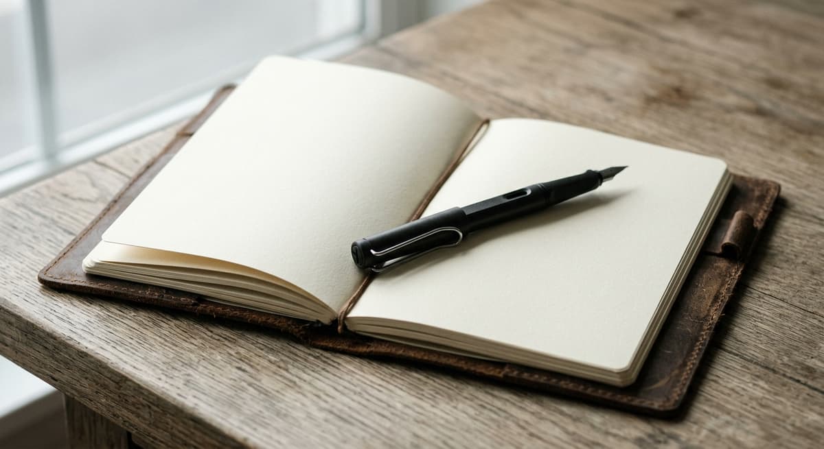 Alabama pen resting across an open leather-bound notebook with blank cream pages