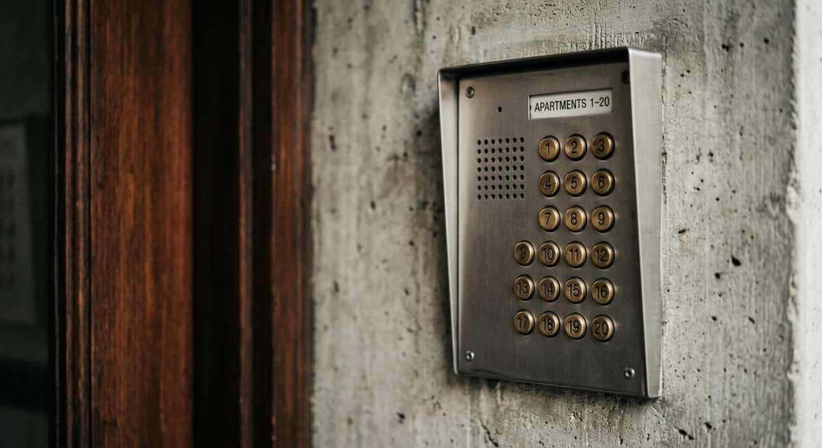Alabama intercom panel with numbered buttons mounted on an apartment building entrance