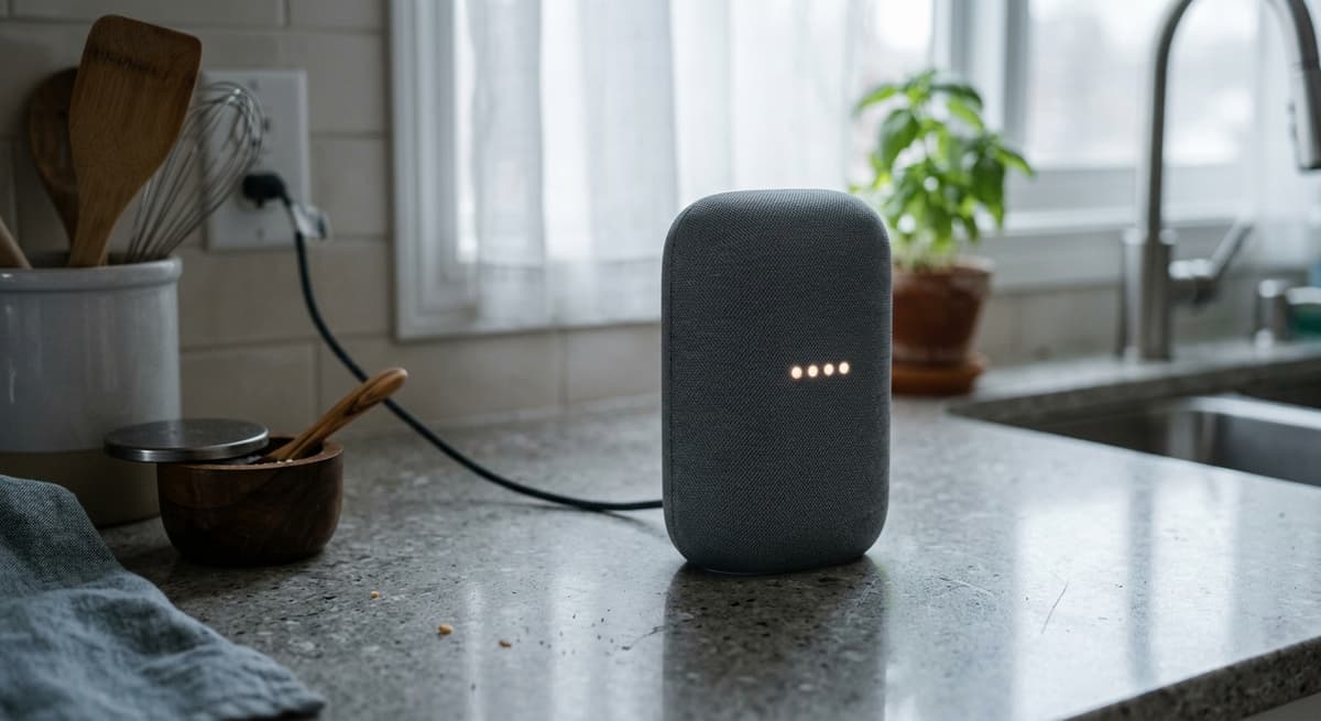 Alabama modern smart speaker device sitting on a kitchen countertop