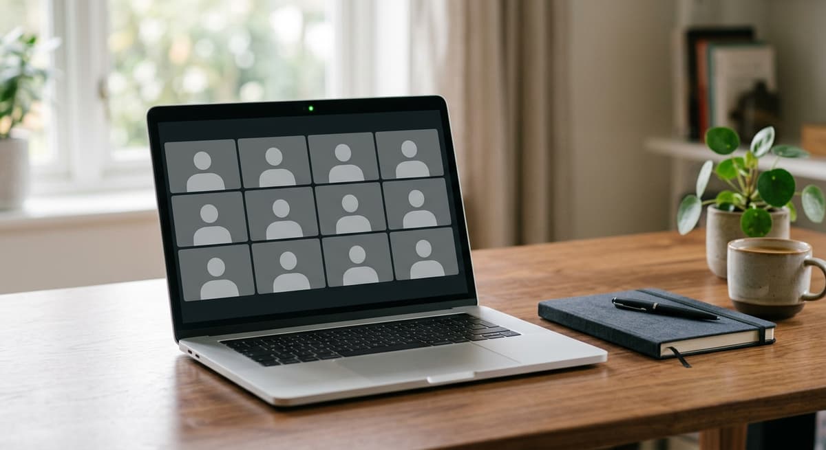 Alabama laptop showing a video call grid with anonymous silhouette tiles