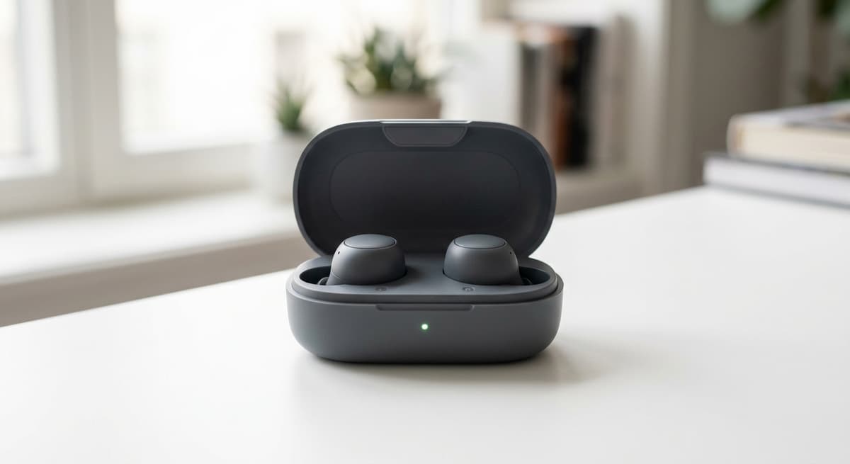 Alabama wireless earbuds in their open charging case on a white desk