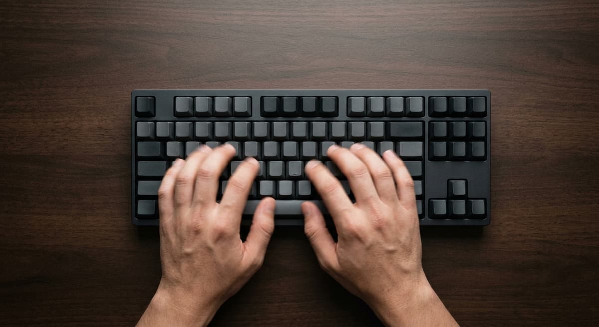 Alabama hands typing on a mechanical keyboard from above