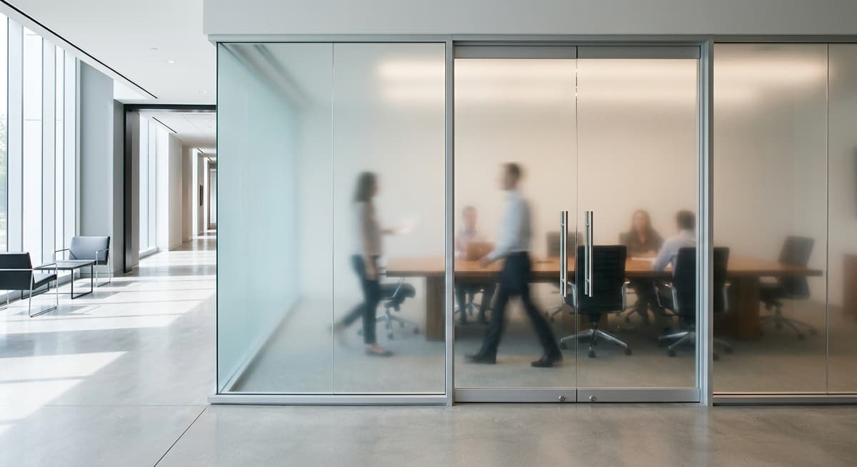 Alabama glass-walled conference room with figures behind translucent doors