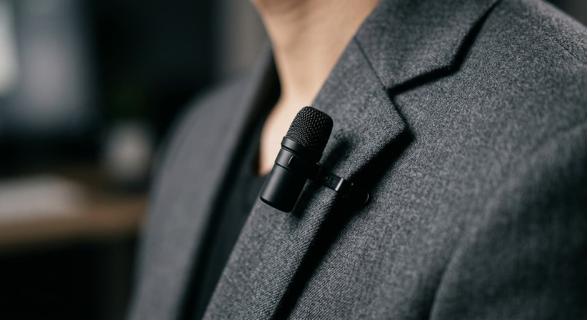 lapel microphone clipped to a charcoal blazer