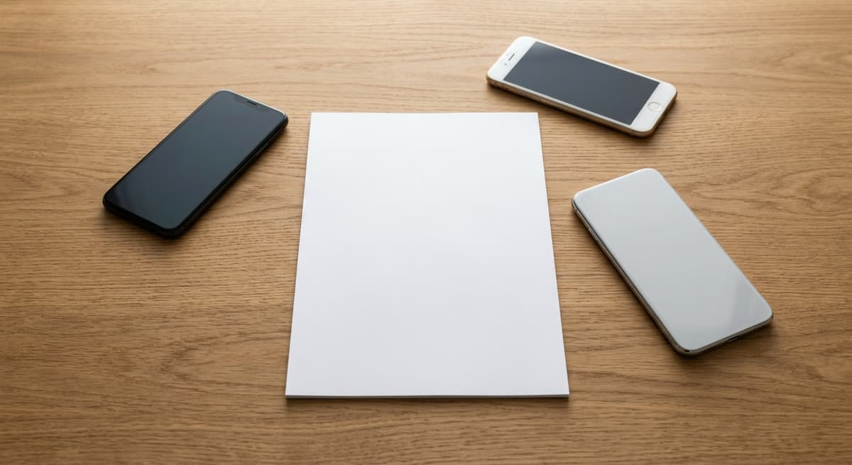 Alabama three smartphones around a blank document on a wooden desk