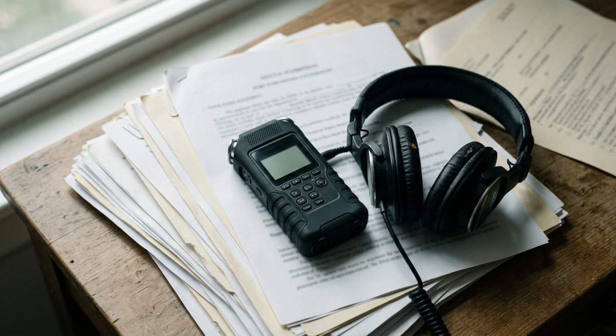 Alabama small audio recorder and headphones resting on a stack of legal documents