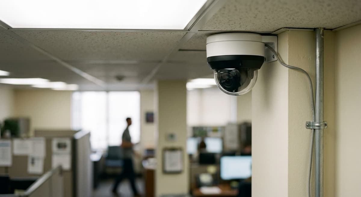 Alabama a dome security camera in the corner of an office ceiling, soft interior daylight