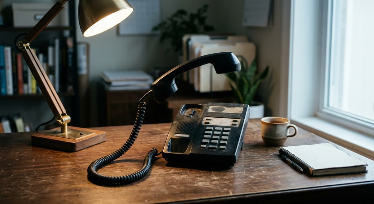 Alabama a desk phone handset lifted slightly off its cradle on an office desk with a coiled cord, warm lamp light