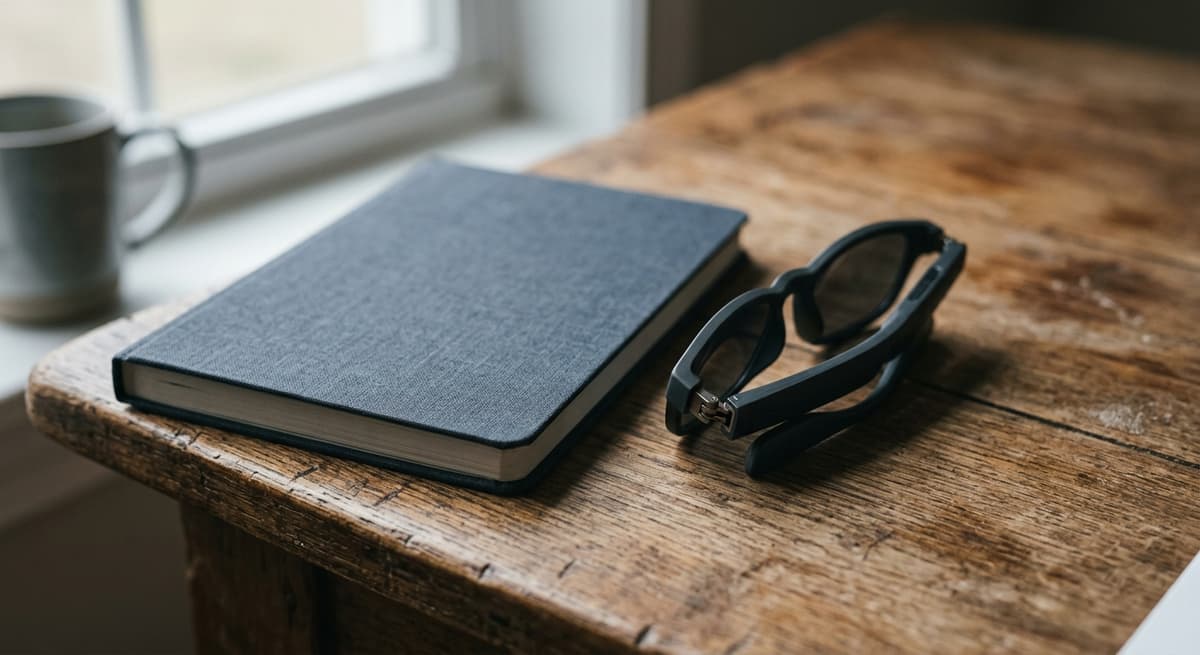 a folded pair of smart glasses resting on a wooden desk beside a closed notebook, soft daylight