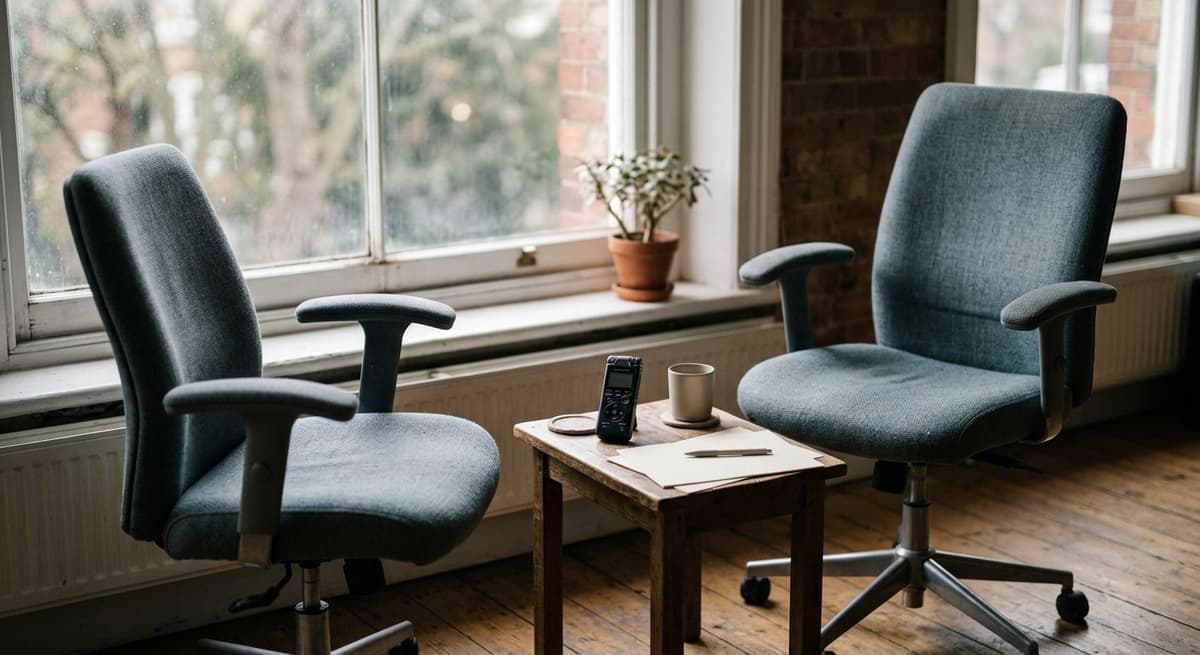 Alabama two office chairs angled toward each other beside a window with a voice recorder on the side table