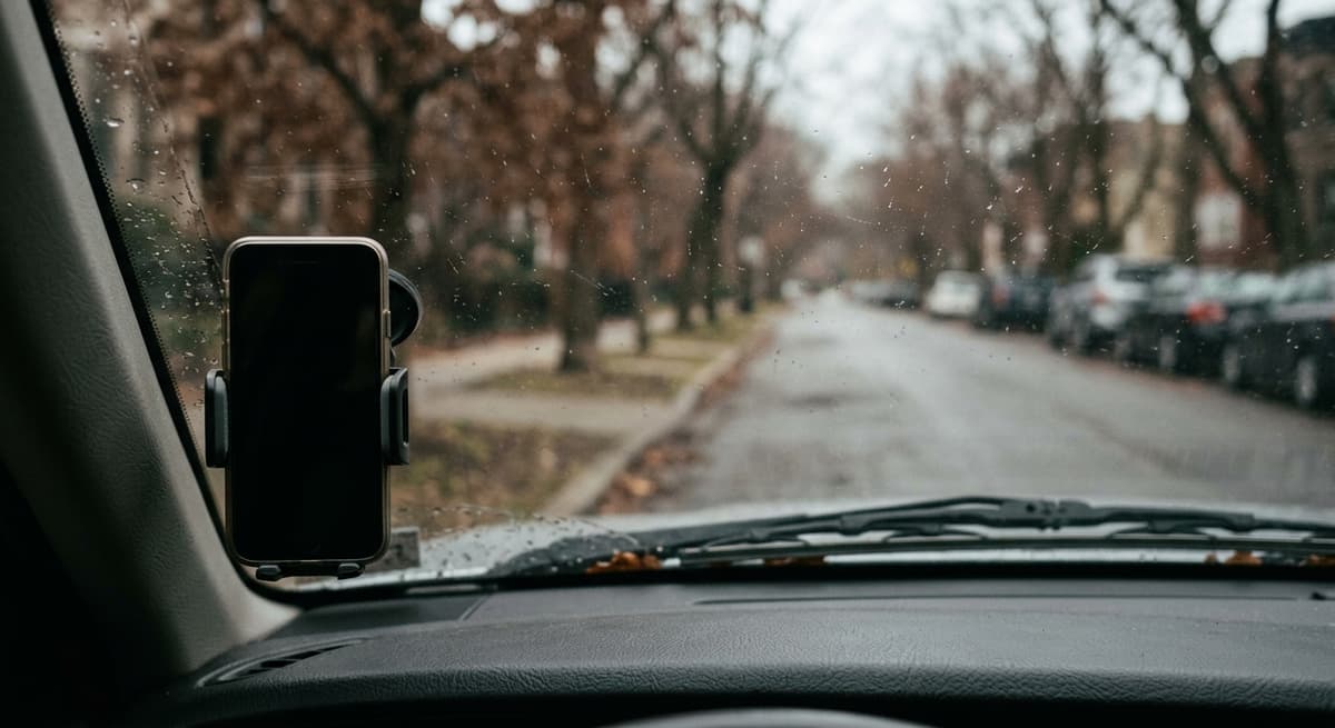 Alabama a phone mounted on a windshield seen from inside a parked car, an empty street blurred ahead through the glass