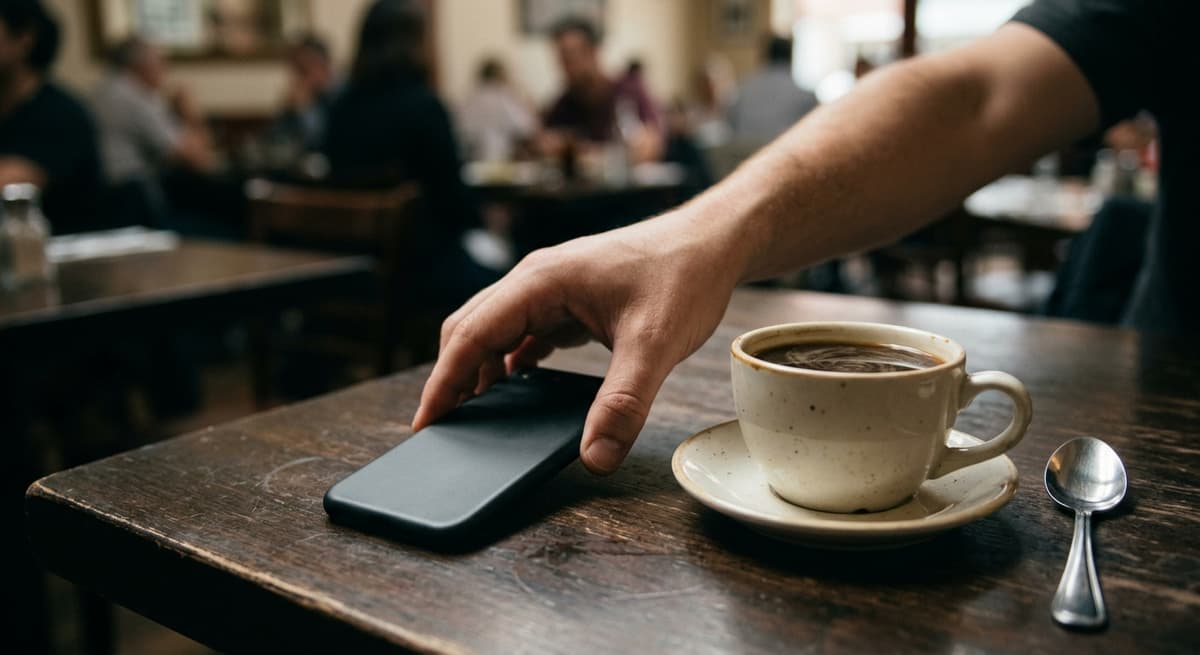 Alabama a hand placing a smartphone face-down on a restaurant table beside a coffee cup, candid, no faces visible