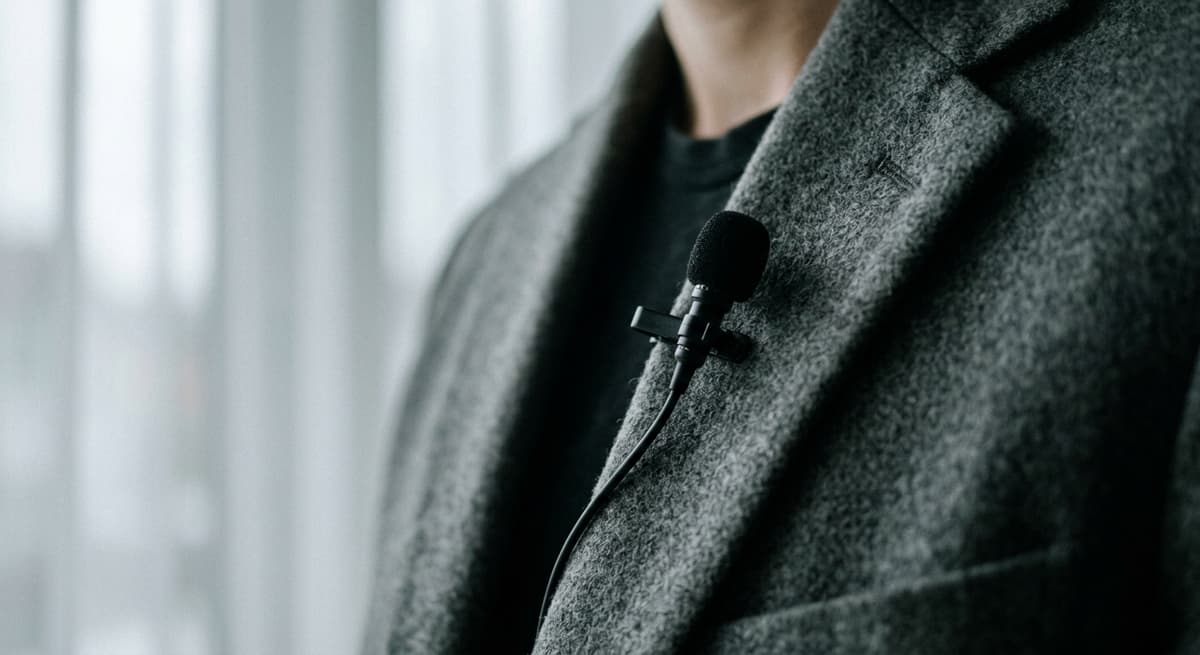 Alabama clip-on lavalier microphone attached to a jacket lapel in close-up, shallow focus