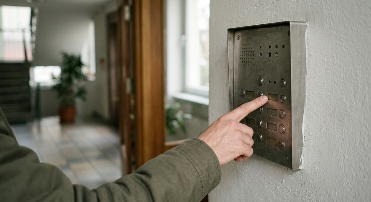 Alabama hand reaching toward a wall-mounted intercom speaker panel, apartment lobby behind