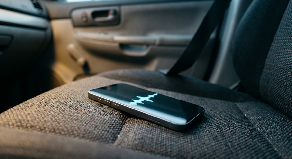 Alabama smartphone face-up on a car seat showing a glowing waveform, seatbelt and door blurred behind