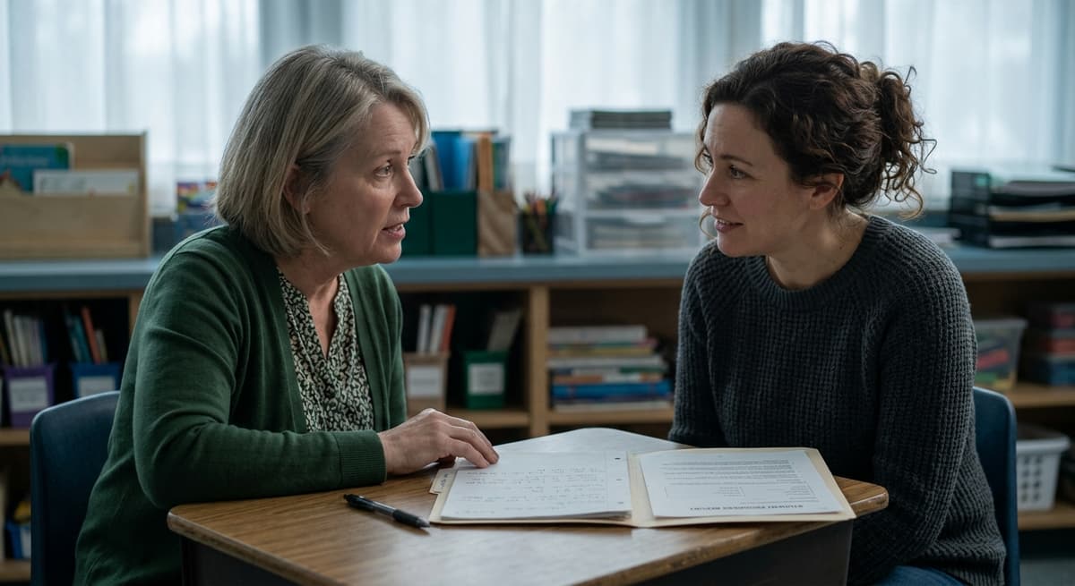 a teacher seated across a small school table from a parent, both leaning slightly toward each other in conversation, an