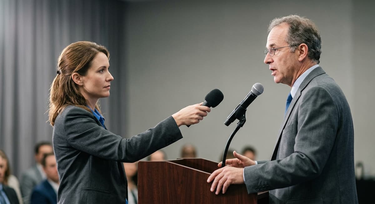 reporter in three-quarter view holding a small handheld microphone toward a person speaking at a podium, both visible fr