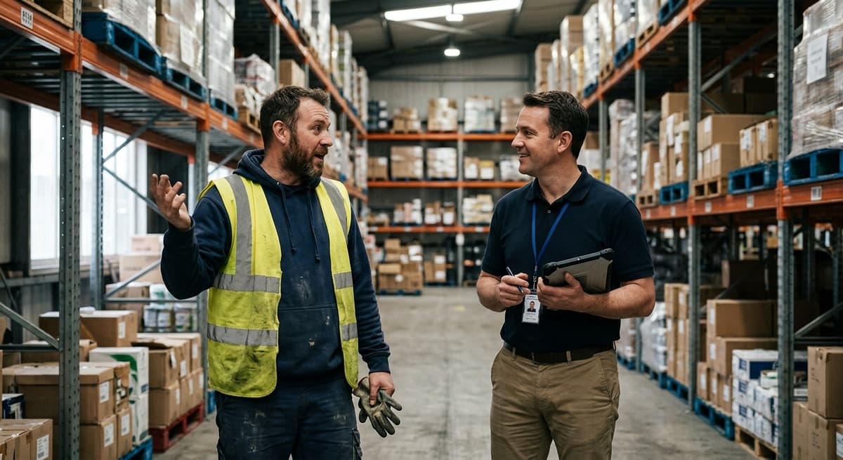 a worker in a high-visibility yellow vest mid-conversation with a manager in a warehouse aisle, gestures visible, indust