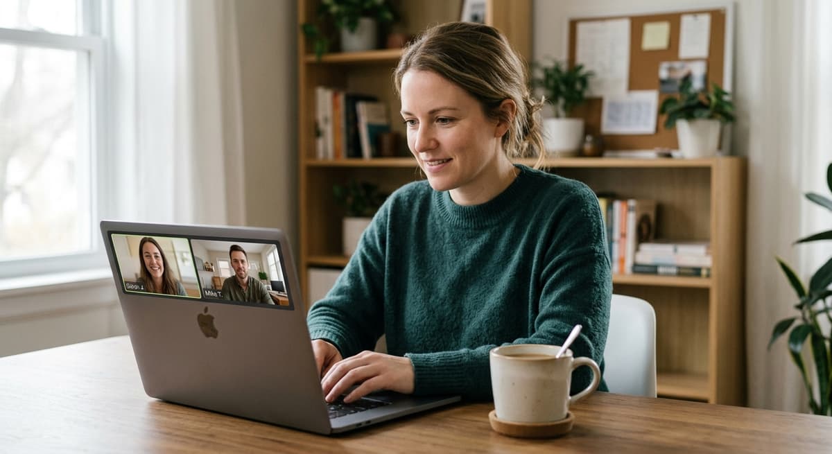 a person at a home office desk on a laptop video call, two participant tiles visible on the laptop screen, the user hand