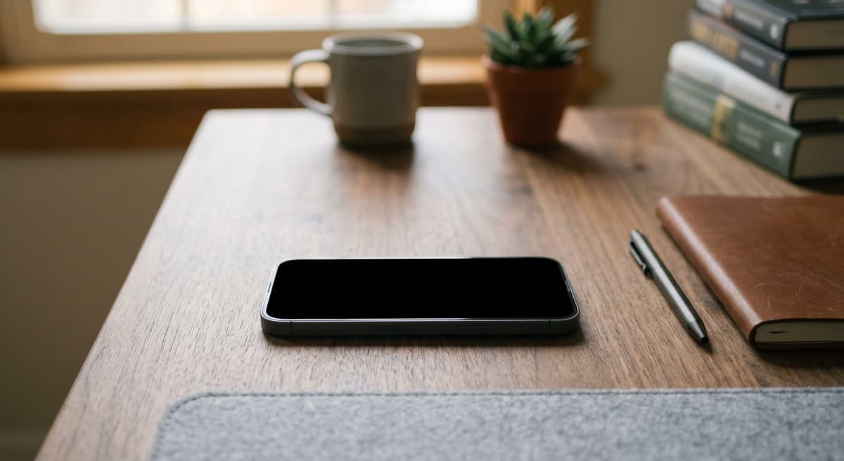 un telefono inteligente boca arriba sobre un escritorio con la pantalla en blanco, sin personas