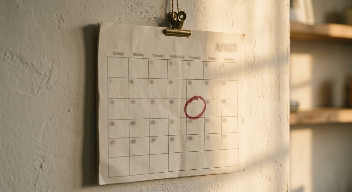 un calendario de pared con una fecha encerrada en un circulo con marcador rojo, sin personas
