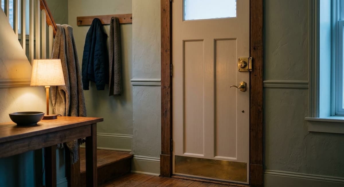 una puerta de entrada con un cerrojo vista desde adentro, sin personas