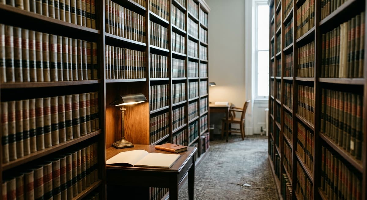 un pasillo silencioso de una biblioteca de derecho con altos estantes de volumenes juridicos encuadernados