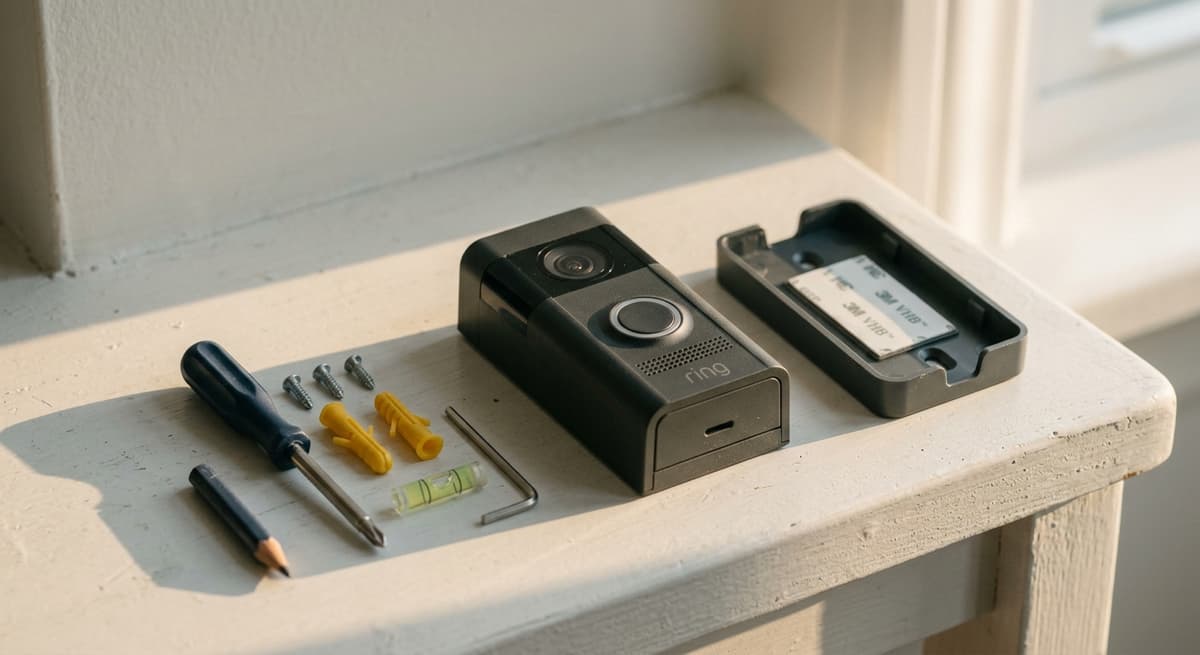 Ring doorbell with mounting hardware and installation tools laid out on a table