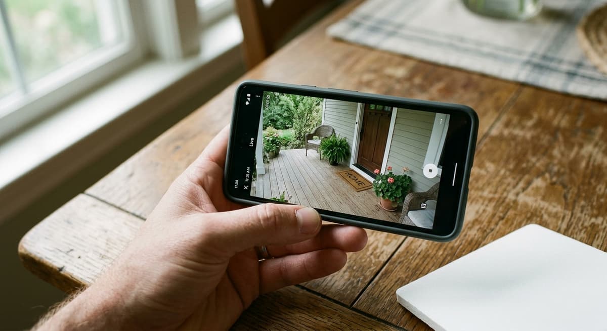 Hand holding a smartphone displaying a live Ring doorbell feed of a porch, illustrating active participation that satisfies Georgia's one-party consent requirement