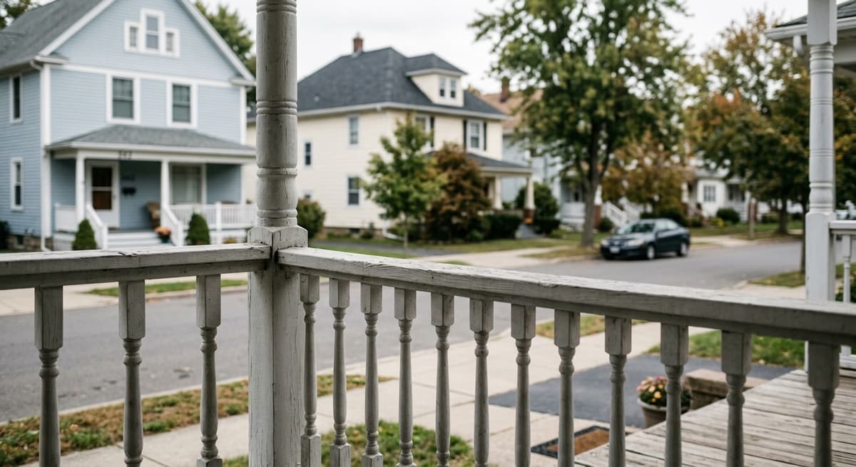 Alaska view of a residential neighborhood from a front porch railing