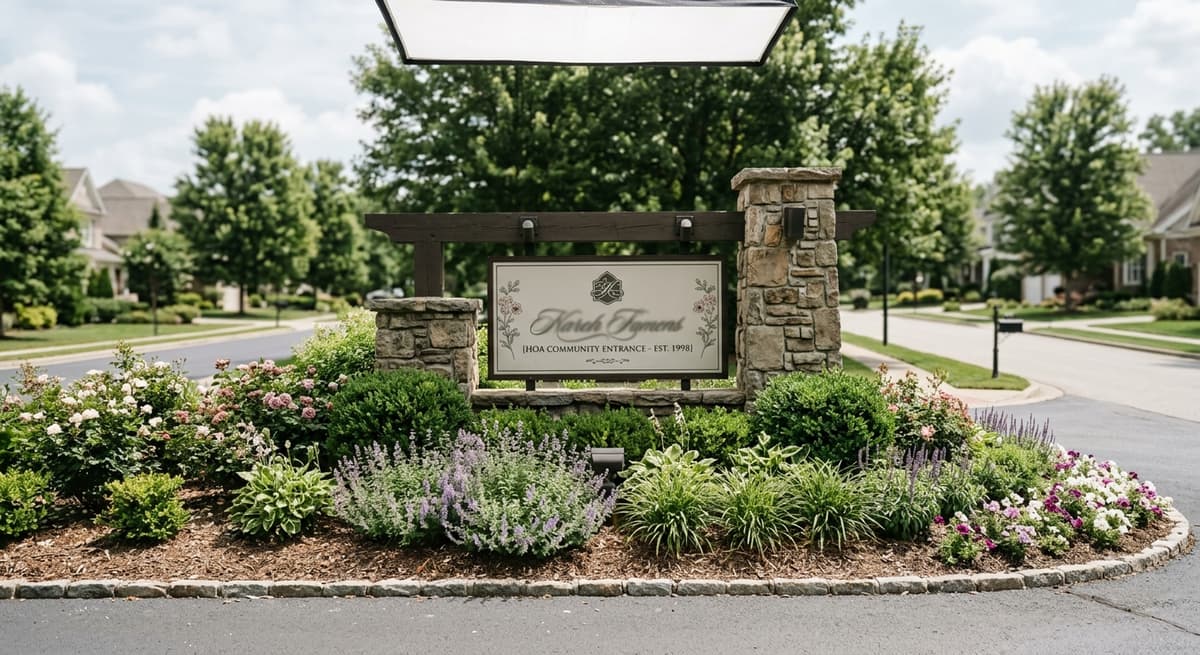 HOA community entrance sign with landscaped garden, representing Georgia HOA authority to regulate Ring doorbell installation through governing documents