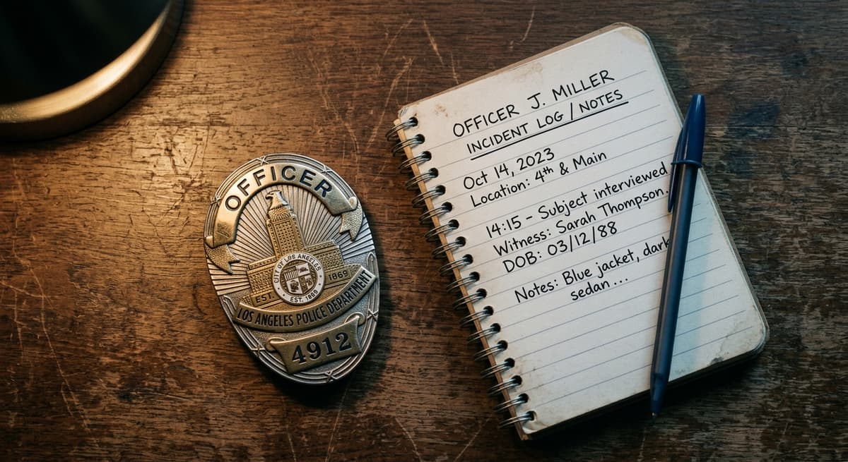 Alaska police officer badge and incident log notepad on a dark surface