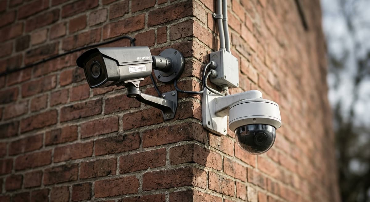Dos camaras de vigilancia montadas en el exterior de una pared de ladrillo