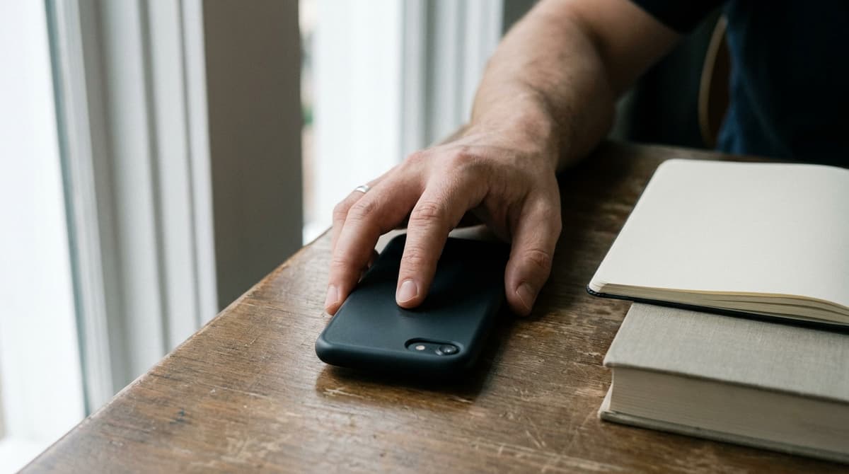 a hand resting on a face-down phone on a table